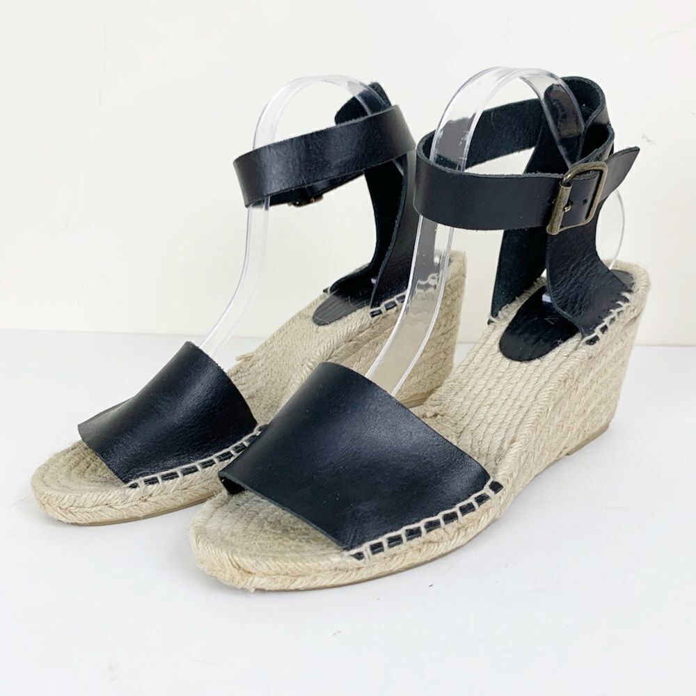 J Crew Black Leather Corsica Ankle‎ Strap Peep-Toe Espadrilles Sz 11